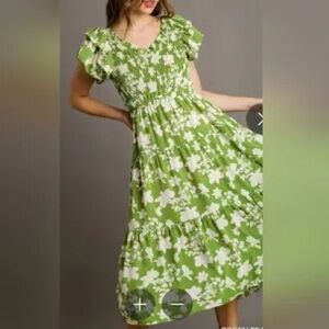Umgee Green and White Floral Midi Dress